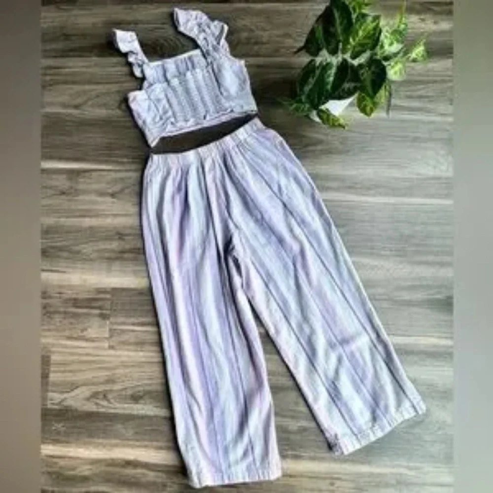 Olivia Kay Girls Set Ruffle Crop Top and Wide Leg Pants Pastel Stripes Size L/XL